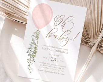 Oh Baby Balloon Baby Shower Invitation, Pink Watercolor Balloon Girl Baby Shower Invite, Printable Invitation Template, DIGITAL DOWNLOAD