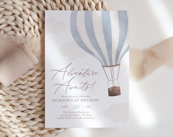 Blue Hot Air Balloon 1st Birthday Invitation, Adventure Awaits Travel Boy Birthday Invite, Printable Invitation Template, DIGITAL DOWNLOAD
