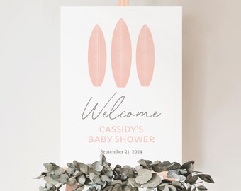 Pink Surfboard Baby Shower Welcome Sign, Baby on Board Girl Baby Shower Printable Welcome Sign Template, DIGITAL DOWNLOAD