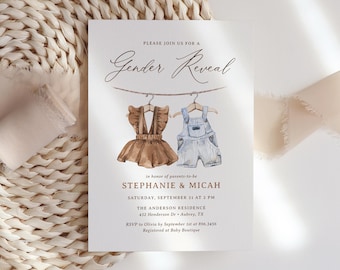 Boho Baby Clothes Gender Reveal Invitation, Clothesline Gender Reveal Party Invite, Editable Template, DIGITAL DOWNLOAD