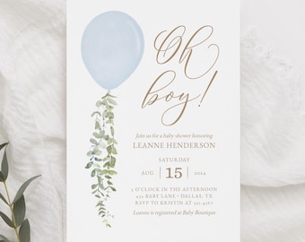 Oh Boy Balloon Baby Shower Invitation, Blue Watercolor Balloon Baby Shower Invite, Printable Invitation Template, DIGITAL DOWNLOAD