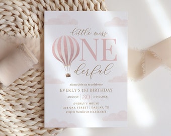 Pink Hot Air Balloon 1st Birthday Invitation, Little Miss Onedeful Birthday Invite, Printable Editable Template, DIGITAL DOWNLOAD