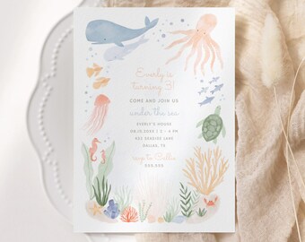 Under the Sea Birthday Invitation, Ocean Animals Kids Birthday Party Invite, Printable Invitation, Editable Template, Whale Octopus Turtle