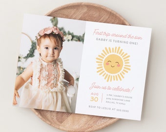 Editable First Trip Around the Sun 1st Birthday Party Photo Invitation, Sunshine First Birthday Party Invite Template, DIGITAL DOWNLOAD