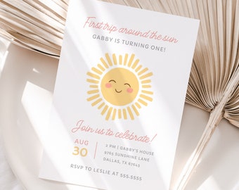 Editable First Trip Around the Sun 1st Birthday Party Invitation, Sunshine First Birthday Party Invite Template, DIGITAL DOWNLOAD