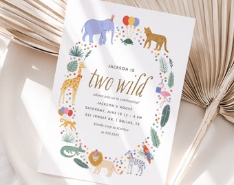 Editable Two Wild 2nd Birthday Party Invitation, Jungle Safari Animals Birthday Party Invite Template, DIGITAL DOWNLOAD