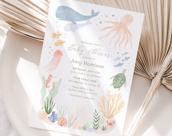 Under the Sea Baby Shower Invitation, Printable Ocean Baby Shower Invite, Whale Invitation Template, DIGITAL DOWNLOAD