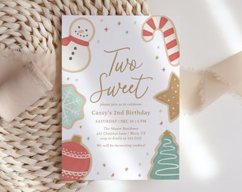 Two Sweet Birthday Invitation Template, Christmas Cookie Girl 2nd Birthday Invite, Winter Holiday Birthday Party, Digital Download