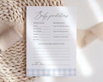 Blue Gingham Baby Shower Predictions and Advice Card, Classic Gingham Baby Predictions Template, DIGITAL DOWNLOAD