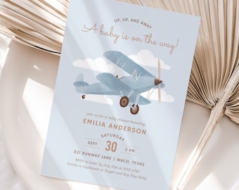 Airplane Baby Shower Invitation, Editable Vintage Travel Baby Shower Invite Template, Printable Invitation, DIGITAL DOWNLOAD