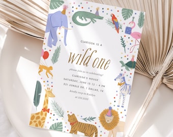 Editable Wild One 1st Birthday Party Invitation, Jungle Safari Animals Birthday Party Invite Template, DIGITAL DOWNLOAD