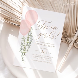 Twin Girls Balloon Baby Shower Invitation, Pink Watercolor Balloon Baby Shower Invite, Printable Invitation Template, DIGITAL DOWNLOAD