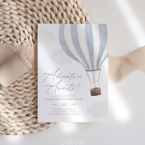 Faire-part 1er anniversaire en montgolfière bleue, invitation d'anniversaire pour garçon de voyage, modèle d'invitation imprimable, téléchargement numérique
