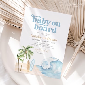 Invito baby shower "Baby on Board", invito modificabile per baby shower "Surf Beach", modello di invito stampabile per tavola da surf, DOWNLOAD DIGITALE