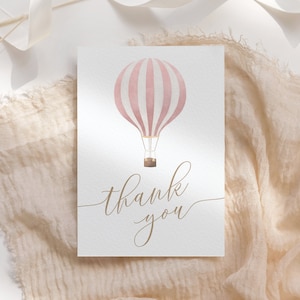 Plantilla editable de tarjeta de agradecimiento de baby shower con globo aerostático rosa, tarjeta de agradecimiento doblada imprimible, DESCARGA DIGITAL