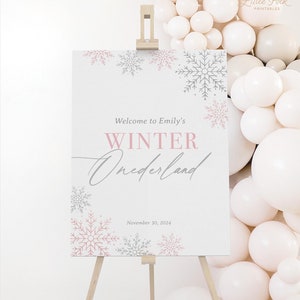 Modello modificabile di cartello di benvenuto per il primo compleanno di Onederland invernale, cartello di benvenuto stampabile con fiocco di neve glitterato per compleanno ragazza, DOWNLOAD DIGITALE