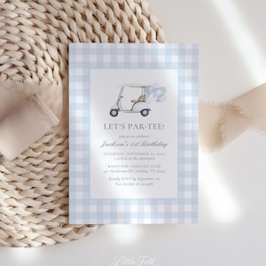 Golf 1st Birthday Invitation, Blue Gingham Golf Cart Boy Birthday Shower Invite, Editable Template, DIGITAL DOWNLOAD