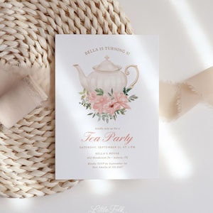 Uitnodiging Tea Party, bewerkbare Tea Party verjaardagsuitnodiging aquarel bloemen bloemen theepot direct downloaden