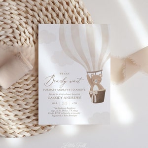 Bearbeitbarer Teddybär Heißluftballon-Babyparty-Einladung, Wir können kaum warten Geschlechtsneutrale Babyparty-Einladungsvorlage, DIGITAL DOWNLOAD