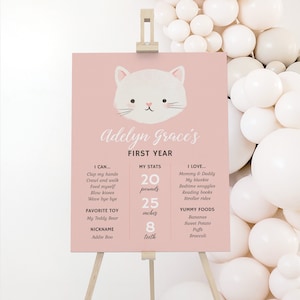 Plantilla de signo de hito de cumpleaños de gatito, plantilla de estadísticas de primer segundo año de fiesta de cumpleaños de gatito imprimible, DESCARGA DIGITAL