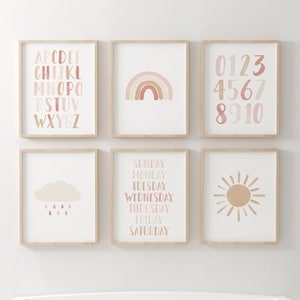 Neutral Rainbow Wall Art Set of 6 Prints, PRINTABLE Educational Wall Art, Girls Room Decor, Alphabet and Numbers Posters, DIGITAL DOWNLOAD