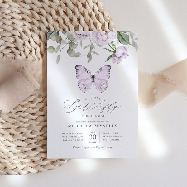 A Little Butterfly is on the Way Baby Shower Invitation, Editable Purple Butterfly Girl Baby Shower Invite, DIGITAL DOWNLOAD