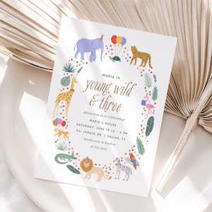 Editable Young Wild and Three 3rd Birthday Party Invitation, Jungle Safari Animals Birthday Party Invite Template, DIGITAL DOWNLOAD image 1