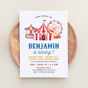 Circus Birthday Invitation Template, Carnival Birthday Invite, Come One Come All, Step Right Up, DIGITAL DOWNLOAD