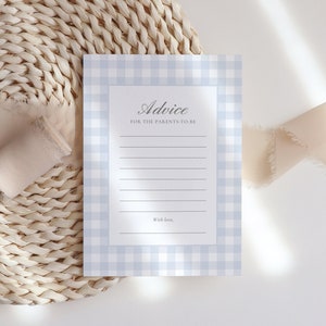 Blue Gingham Baby Shower Advice Card, Editable Classic Gingham Boy Baby Shower Advice for Parents Template, DIGITAL DOWNLOAD