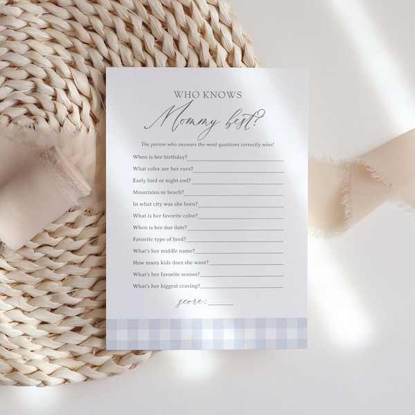 Who Knows Mommy Best Blue Gingham Baby Shower Game, Classic Gingham Who Knows Mom Best Baby Shower Activity, DIGITAL DOWNLOAD