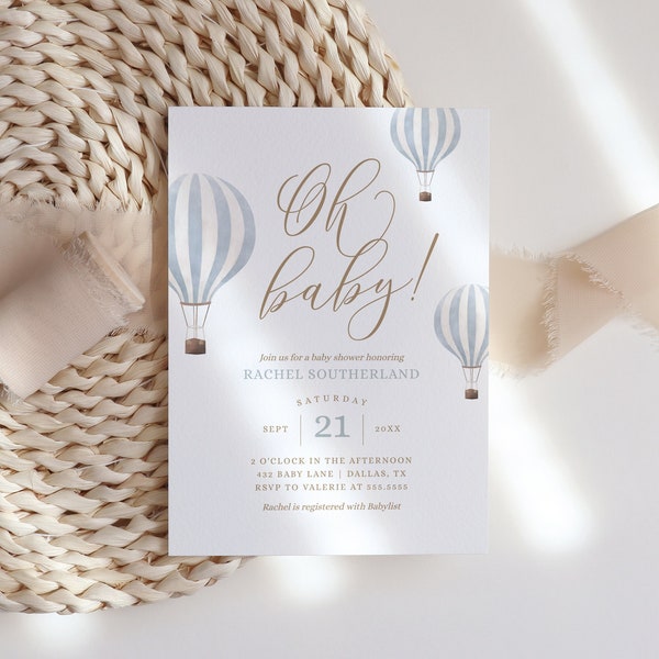 Blue Hot Air Balloon Baby Shower Invitation, Boy Baby Shower Invite, Oh Baby Printable Invitation Template, DIGITAL DOWNLOAD