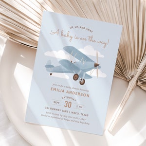 Airplane Baby Shower Invitation, Editable Vintage Travel Baby Shower Invite Template, Printable Invitation, DIGITAL DOWNLOAD