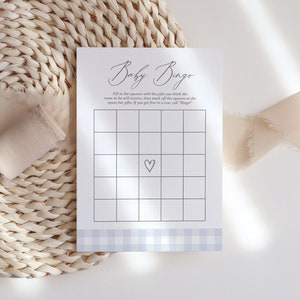 Blue Gingham Baby Shower Bingo Game, Klasyczna karta Gingham Baby Bingo, Wydrukowana aktywność Baby Shower, CYFROWE POBIERANIE