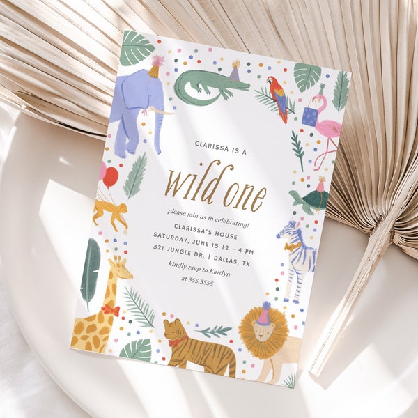 Editable Wild One 1st Birthday Party Invitation, Jungle Safari Animals Birthday Party Invite Template, DIGITAL DOWNLOAD