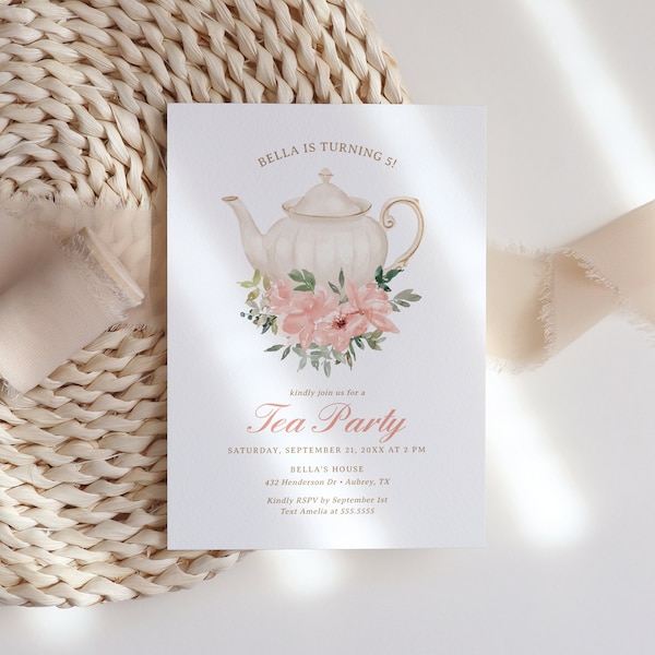 Tea Party Invitation, Editable Tea Party Birthday Invite Watercolor Floral Flowers Teapot Instant Download