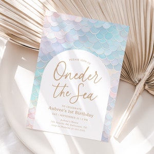 Editable Mermaid Birthday Invitation Template, Oneder the Sea Mermaid Girl 1st Birthday Party Invite Digital Template Instant Download