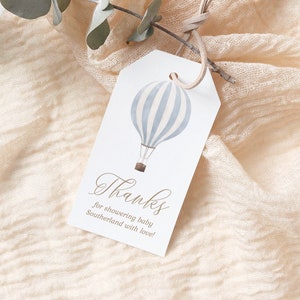 Editable Blue Hot Air Balloon Favor Tag Template, Printable Travel Baby Shower Gift Tag, DIGITAL DOWNLOAD