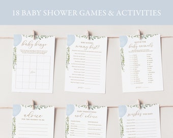 Editable Blue Balloon Baby Shower Games Bundle, Watercolor Balloon Baby Shower Activities, Printable Boy Baby Shower Games, DIGITAL DOWNLOAD