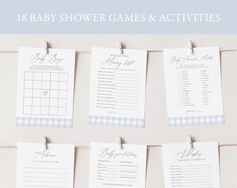 Paquete editable de juegos de baby shower Blue Gingham, actividades clásicas de baby shower de Gingham, juegos de baby shower para niños imprimibles, DESCARGA DIGITAL