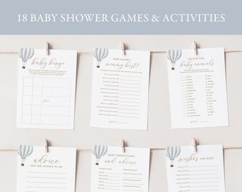 Editable Blue Hot Air Balloon Baby Shower Games Bundle, Printable Travel Baby Shower Games and Activities, DIGITAL DOWNLOAD