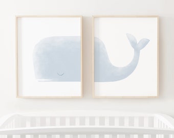 Whale Print Set of 2, Printable Wall Art, Beach Nursery Decor, Whale Nursery Decor, Kids Room Decor, Watercolor Whale Art, DIGITAL DOWNLOAD