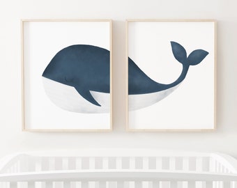 Watercolor Whale Set of 2 Prints, Printable Wall Art, Whale Poster, Whale Nursery Decor, Kids Room Decor, DIGITAL DOWNLOAD