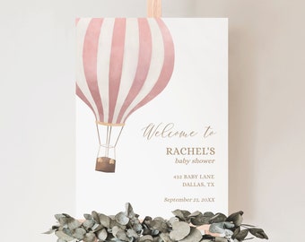 Pink Hot Air Balloon Baby Shower Welcome Sign, Girl Baby Shower Welcome Sign Template, Adventure Awaits, DIGITAL DOWNLOAD