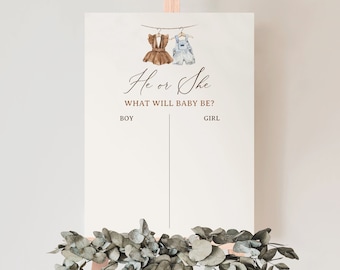 May include: A gender reveal party sign with a brown and blue watercolor illustration of a baby outfit hanging on a clothesline. The sign reads "He or She? What will baby be?" with the words "Boy" and "Girl" below.