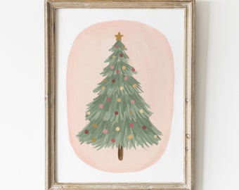 Könnte beinhalten: Gerahmter Druck mit einer stilisierten Weihnachtsbaum-Illustration. Der grüne Baum ist mit bunten Kugeln und einem goldenen Stern geschmückt. Er steht vor einem rosa Hintergrund in einem goldfarbenen Rahmen, ideal für die Weihnachtsdekoration.