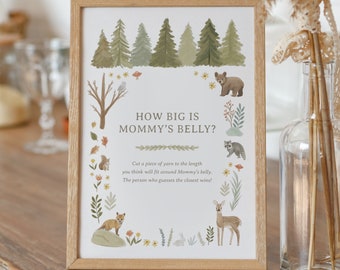 How Big is Mommy's Belly Woodland Baby Shower Sign, Printable Woodland Baby Shower Game, Baby Shower Activity, DIGITAL DOWNLOAD