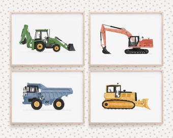 Construction Vehicles Set of 4 Prints, Boy Nursery Decor, PRINTABLE Wall Art, Construction Decor, Backhoe Excavator Dump, DIGITAL DOWNLOAD