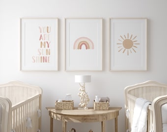 Neutral Rainbow Wall Art Set of 3 Prints, You Are My Sunshine, PRINTABLE Wall Art, Rainbow Nursery Decor, Kids Room Decor, DIGITAL DOWNLOAD