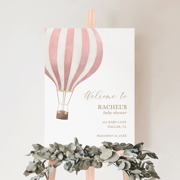 Pink Hot Air Balloon Baby Shower Welcome Sign, Girl Baby Shower Welcome Sign Template, Adventure Awaits, DIGITAL DOWNLOAD