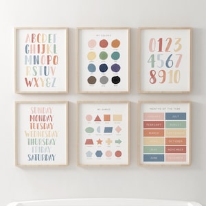 Juego de 6 impresiones de decoración de aulas con arcoíris, arte de pared educativo imprimible, decoración de educación en el hogar, carteles Montessori, DESCARGA DIGITAL